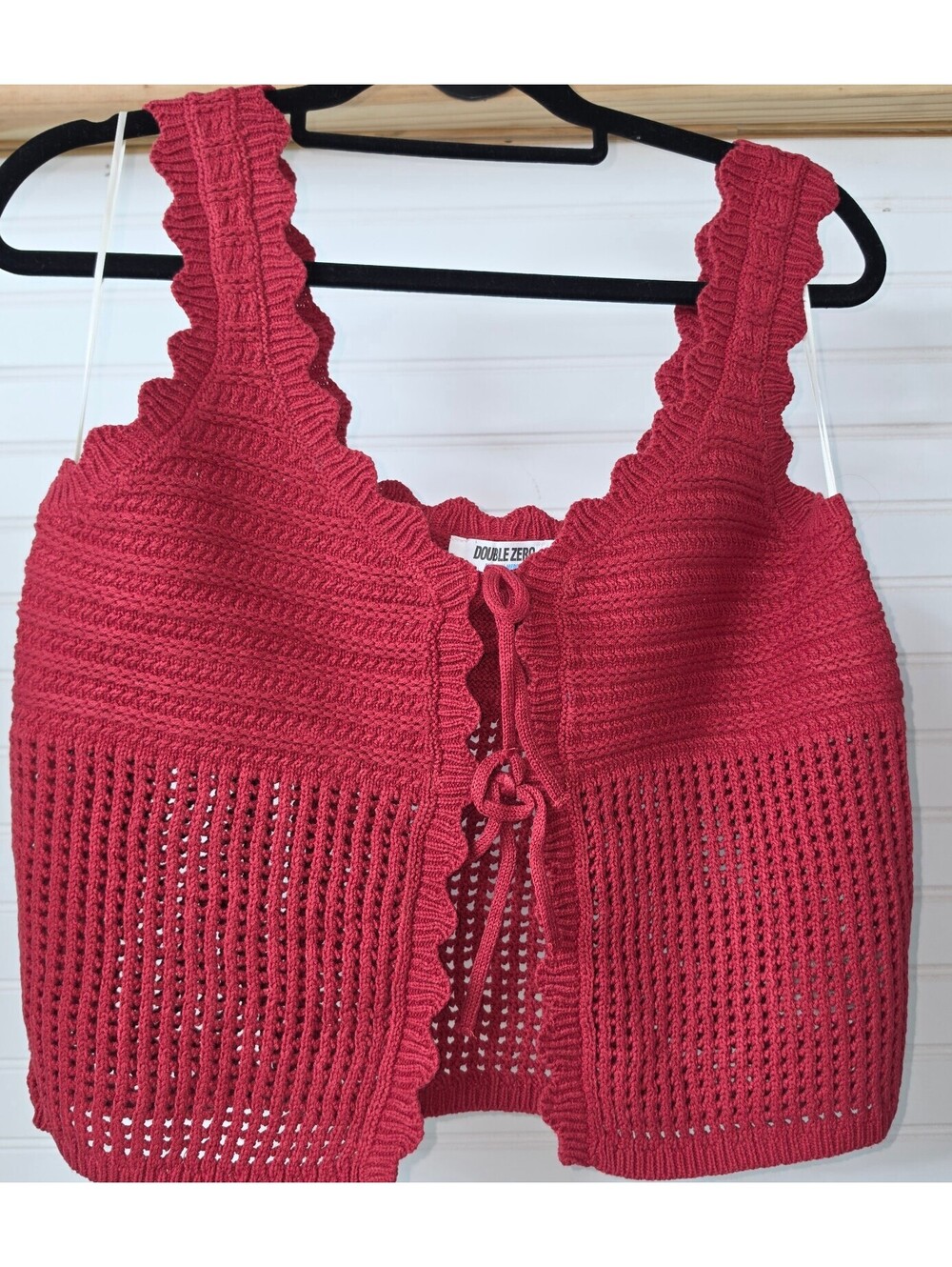 511. Double Zero Brick Red Open Knit Crochet Tie Front Sweater Vest Top